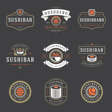 Suşi restoran logoları vektör çizim ayarla.