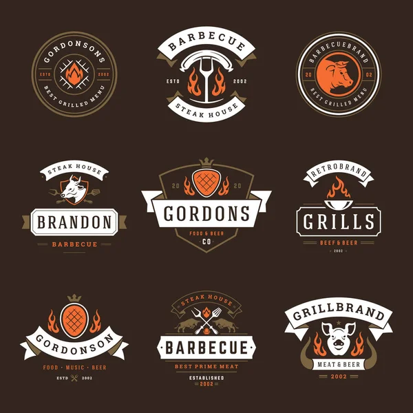 Grill Restaurang Logotyper Och Emblem Set Vektorillustration Grill Steak House — Stock vektor