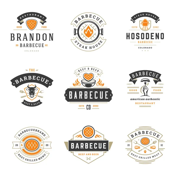 Grill Restaurant Logos Badges Ensemble Illustration Vectorielle Barbecue Steak House — Image vectorielle