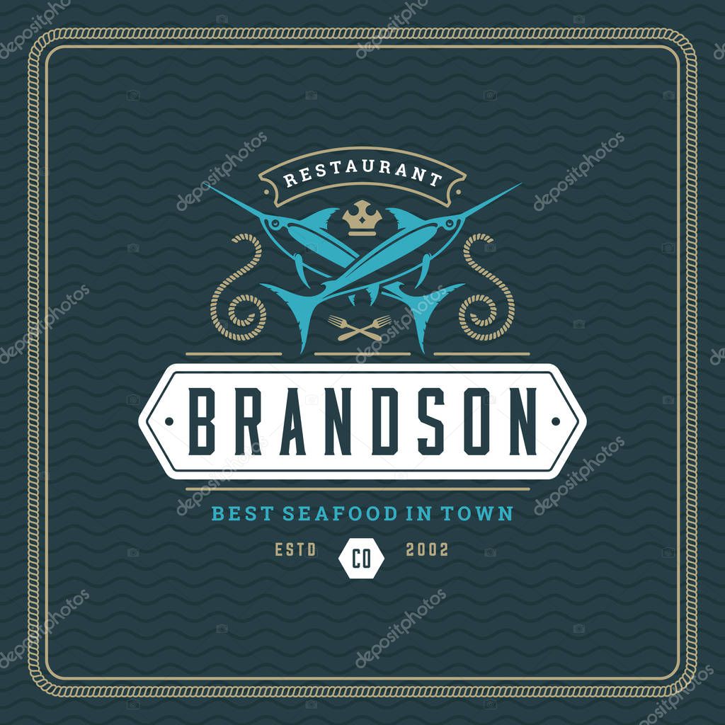 Seafood restaurant logo vector illustration. Market emblem, fish silhouette. Vintage typography badge design.
