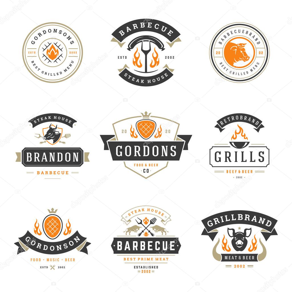 Grill restaurant logos and badges set vector illustration. Barbecue steak house menu emblems and food silhouettes. Vintage typography design.