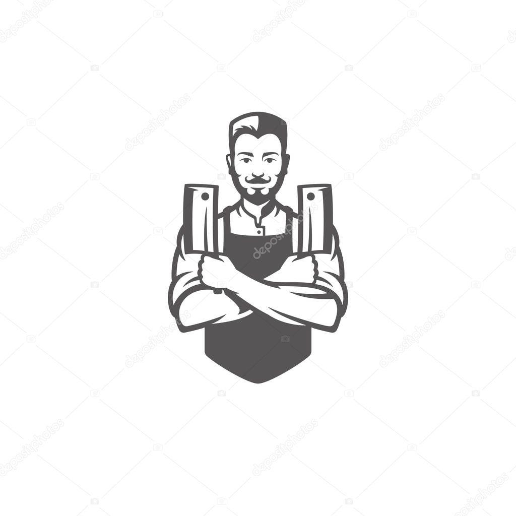 Butcher man holding knifes silhouette vector illustration. Butcher shop graphics isolated on white background.