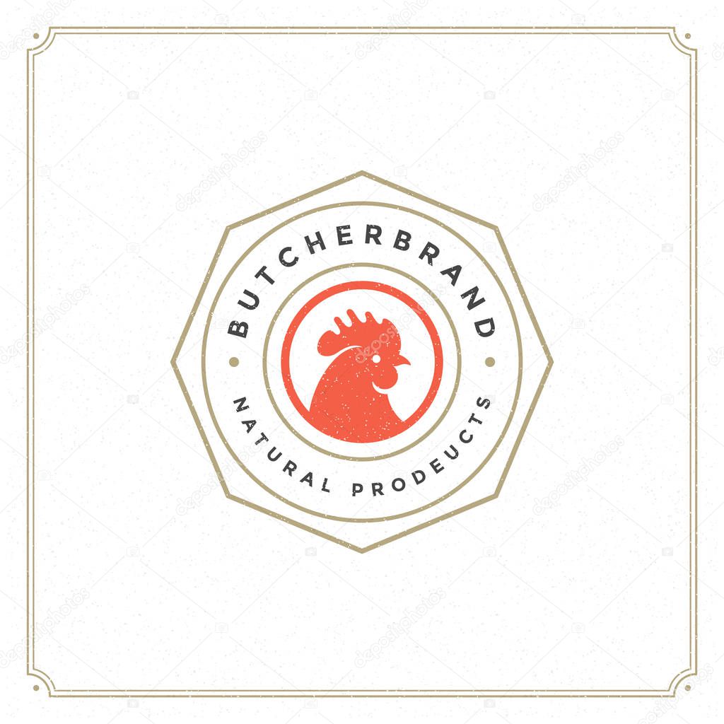 Butcher shop logo vector illustration. Rooster head silhouette, good for farm or restaurant badge. Vintage typography emblem design.