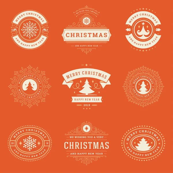 Etiquetas Navidad Insignias Conjunto Elementos Diseño Vectorial Feliz Navidad Feliz — Vector de stock