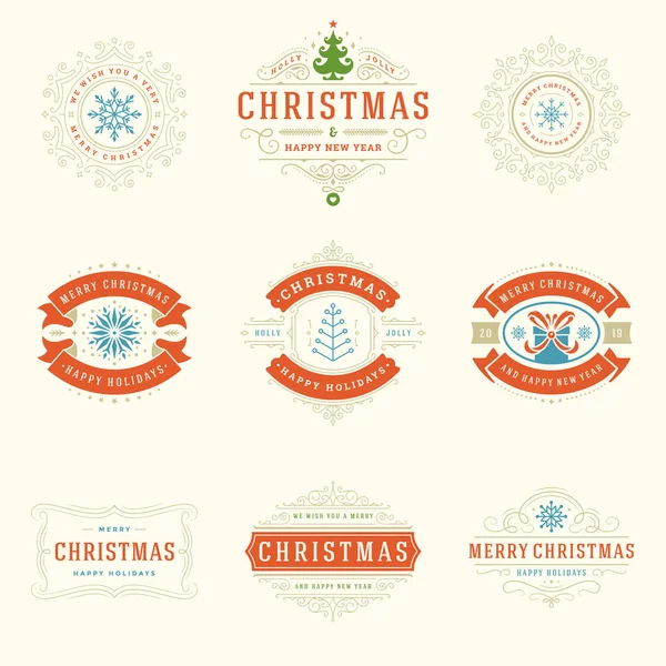 Etiquetas Navidad Insignias Conjunto Elementos Diseño Vectorial Feliz Navidad Feliz — Archivo Imágenes Vectoriales