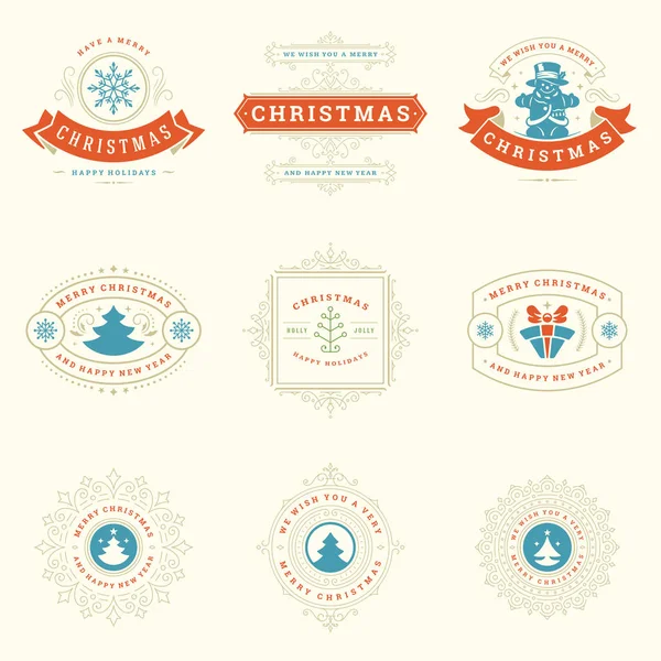 Christmas labels and badges vector design elements set. Merry christmas and happy new year wishes retro typography decoration objects for greeting cards vintage ornaments.