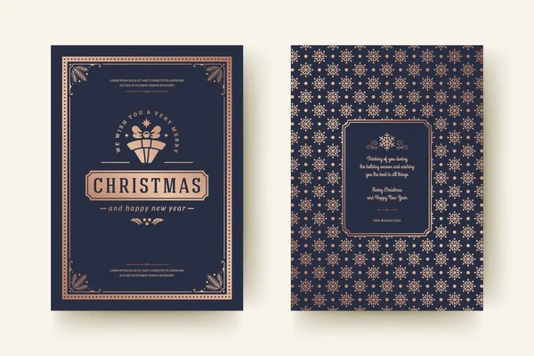 圣诞贺卡设计模板 圣诞快乐和节假日祝愿复古字体标签和地点的文字与图案背景 矢量说明 — 图库矢量图片