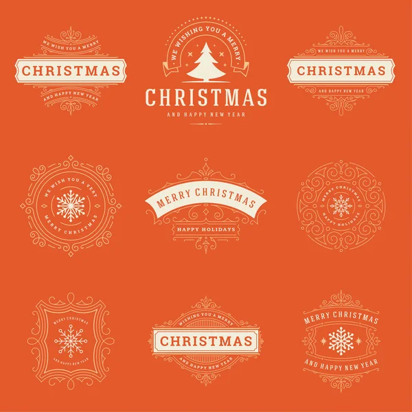 Etiquetas Navidad Insignias Conjunto Elementos Diseño Vectorial Feliz Navidad Feliz — Vector de stock