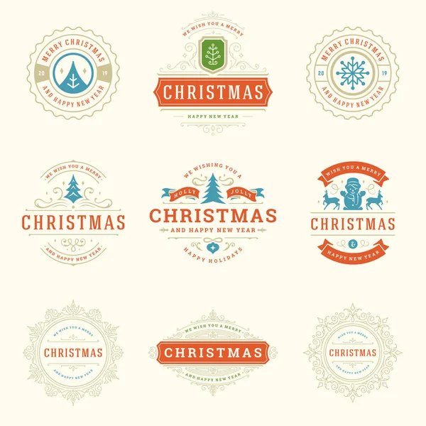 Etiquetas Navidad Insignias Conjunto Elementos Diseño Vectorial Feliz Navidad Feliz — Archivo Imágenes Vectoriales