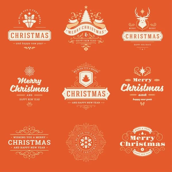 Christmas labels and badges vector design elements set. Merry christmas and happy new year wishes retro typography decoration objects for greeting cards vintage ornaments.