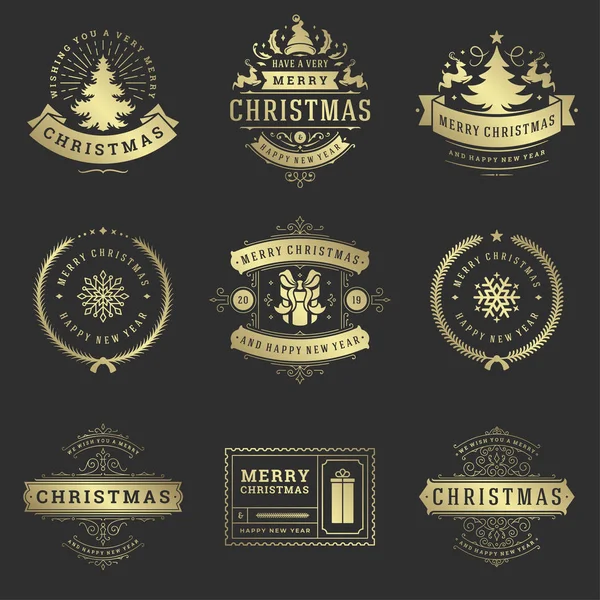 Christmas Labels Badges Vector Design Elements Set Merry Christmas Happy — Stock Vector