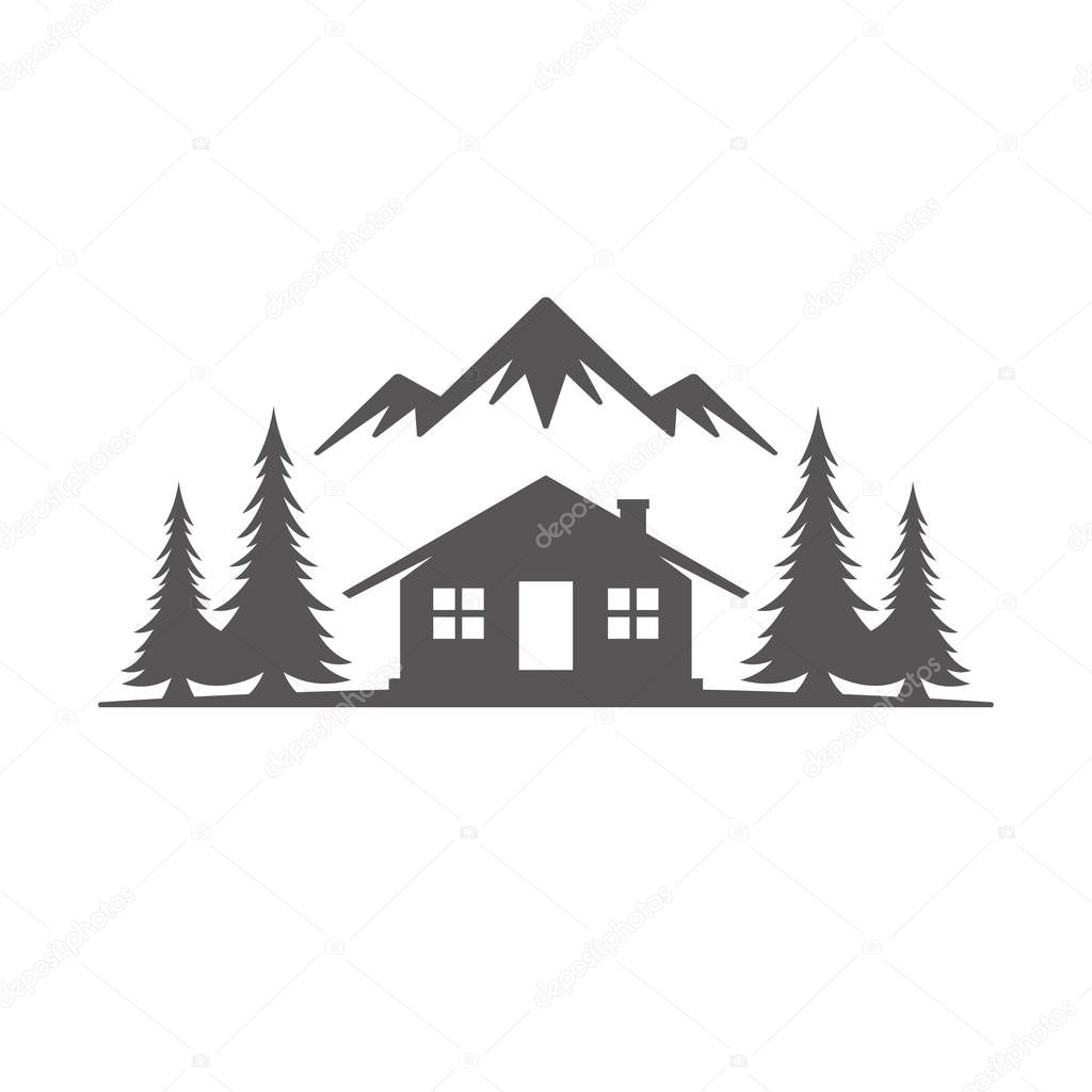 Forest camping shape isolated on white background vector illustration. Camp cabin vector graphic silhouette.