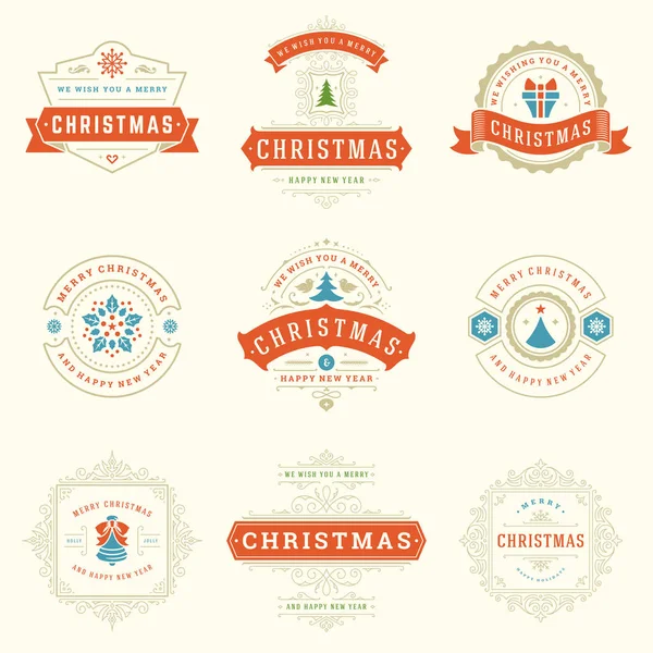 Christmas labels and badges vector design elements set. Merry christmas and happy new year wishes retro typography decoration objects for greeting cards vintage ornaments.