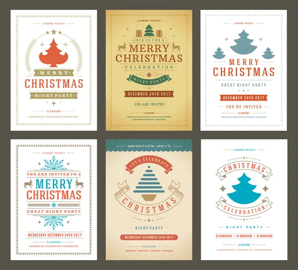 Weihnachtsfeier Poster Design Set Retro Typografie und Dekorationselemente. — Stockvektor