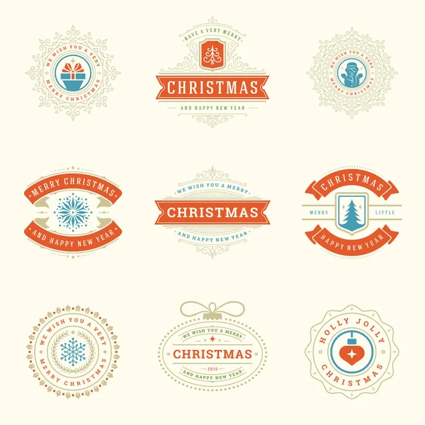 Etiquetas Natal Emblemas Conjunto Elementos Design Vetorial Feliz Natal Feliz — Vetor de Stock