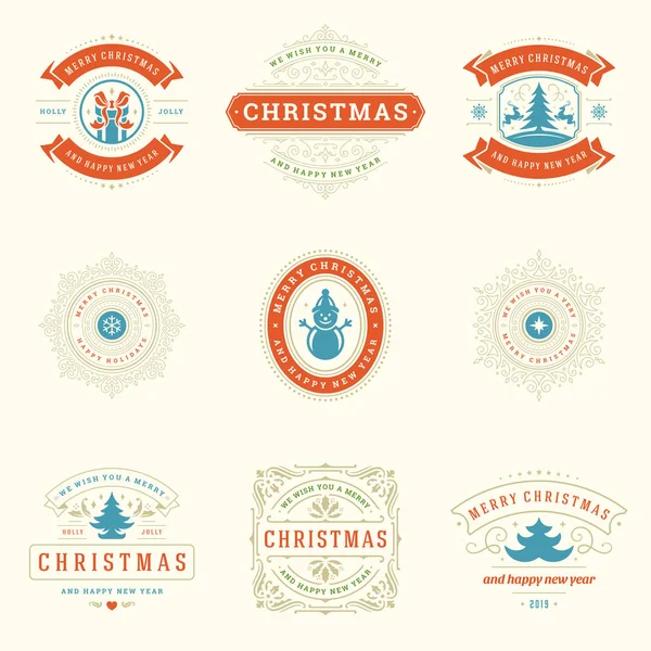 Kerstetiketten Badges Vector Design Elementen Set Vrolijk Kerstfeest Gelukkig Nieuwjaar — Stockvector