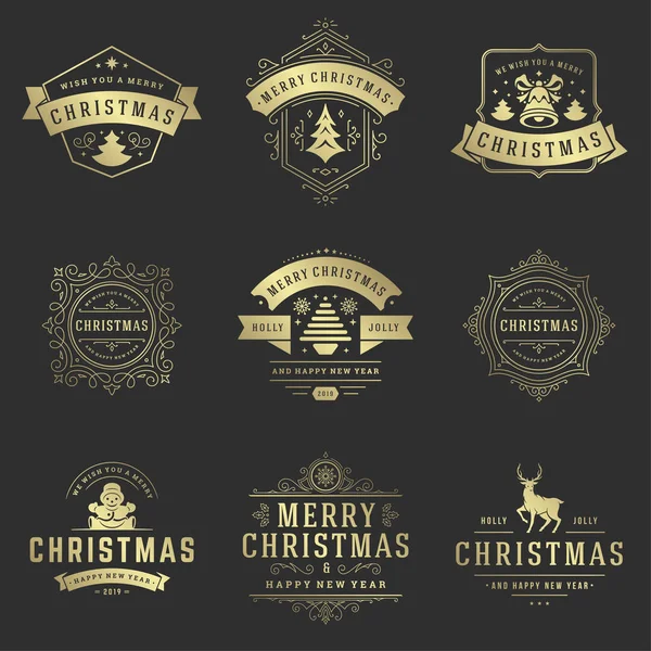 Christmas labels and badges vector design elements set. Merry christmas and happy new year wishes retro typography decoration objects for greeting cards vintage ornaments.