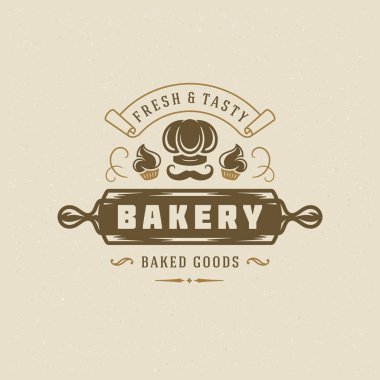 Fırın rozet veya etiket retro vektör çizim. Çörekler ve chef şapka siluetleri bakehouse için. Tipografik logo tasarımı.