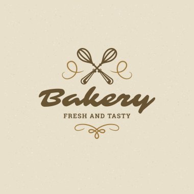 Fırın rozet veya etiket retro vektör çizim. İki çapraz çırpma teli siluetleri bakehouse için. Tipografik logo tasarımı.
