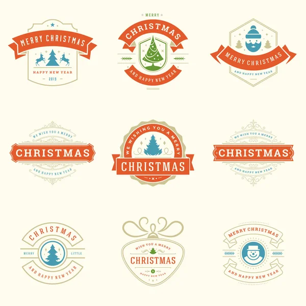 Christmas labels and badges vector design elements set. Merry christmas and happy new year wishes retro typography decoration objects for greeting cards vintage ornaments.