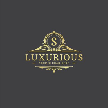 Lüks logo monogram arma şablon tasarım vektör çizimi. Kraliyet markası vintage vignette süslemeleri.