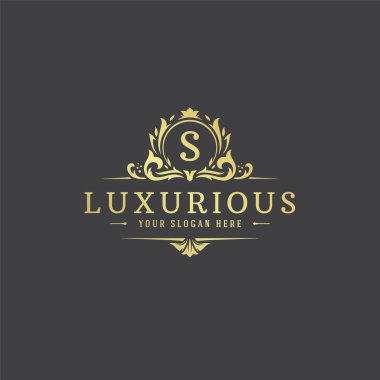 Lüks logo monogram arma şablon tasarım vektör çizimi. Kraliyet markası vintage vignette süslemeleri.