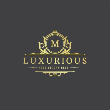 Lüks logo monogram arma şablon tasarım vektör çizimi. Kraliyet markası vintage vignette süslemeleri.