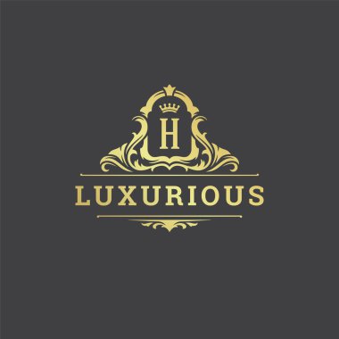 Lüks logo monogram arma şablon tasarım vektör çizimi. Kraliyet markası vintage vignette süslemeleri.