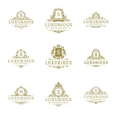 Lüks logolar Monogram kret tasarım şablonları kümesi vektör çizim. Royal vintage vignette süsler markalar.