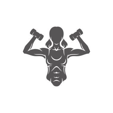 Beyaz arka plan vektör illüstrasyon izole kadın vücut geliştirmeci kaldırma dumbbells siluet. Vektör fitness spor salonu grafik illüstrasyon.