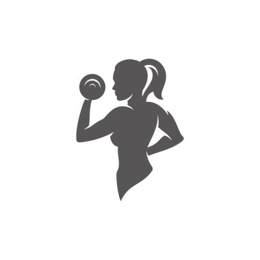 Beyaz arka plan vektör illüstrasyon izole kadın vücut geliştirmeci kaldırma dumbbells siluet. Vektör fitness spor salonu grafik illüstrasyon.