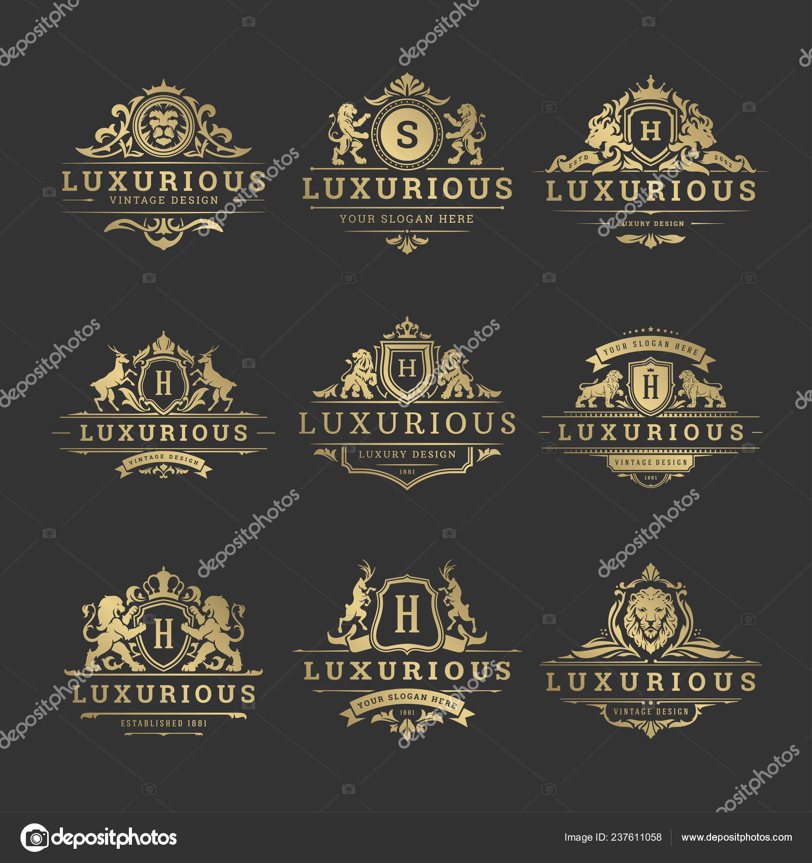 Luxus Logos Monogramme Wappen Design Vorlagen Setzen Vektorillustration  Vignetten Ornamente Stock-Vektorbild von ©Provectors 237611058, image size:1600x1700