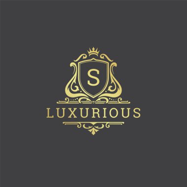 Lüks logo monogram arma şablon tasarım vektör çizimi. Kraliyet markası vintage vignette süslemeleri.