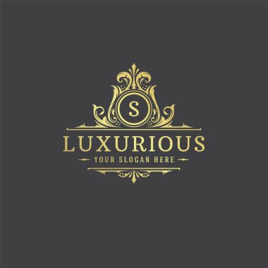 Lüks logo monogram arma şablon tasarım vektör çizimi. Kraliyet markası vintage vignette süslemeleri.