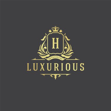 Lüks logo monogram arma şablon tasarım vektör çizimi. Kraliyet markası vintage vignette süslemeleri.