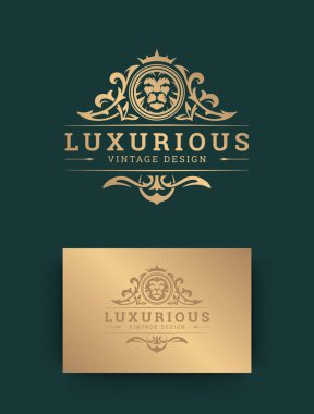 Lüks logo şablonu tasarım aslan vektör çizim ile. Kraliyet taç marka vintage vignette süsler.