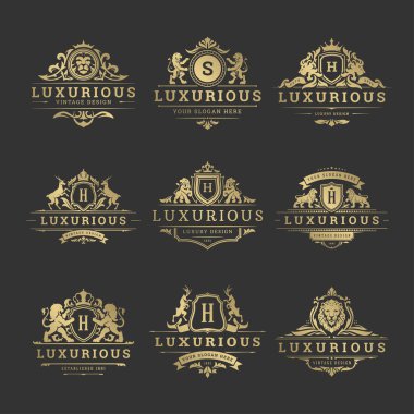 Lüks logolar Monogram kret tasarım şablonları kümesi vektör çizim. Royal vintage vignette süsler markalar.