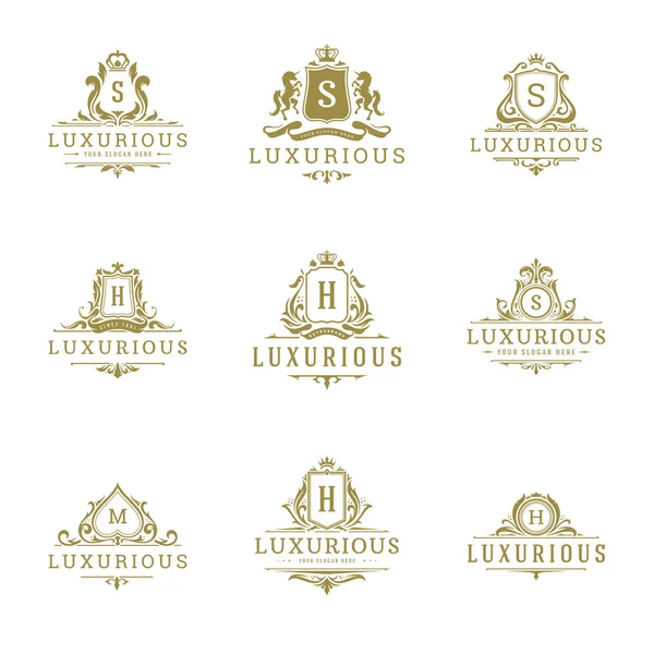Luxus Logók Monogrammok Crest Design Sablonok Beállítása Vektoros Illusztráció Royal — Stock Vector
