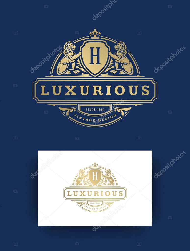 Luxury logo template design vector illustration. Royal crest brand vintage vignette ornaments.