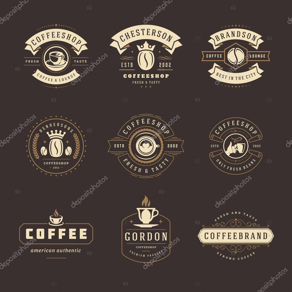 Coffee shop logos design templates set vector illustration. Good for cafeteria signages and cafe label and badges. Retro typography emblems.