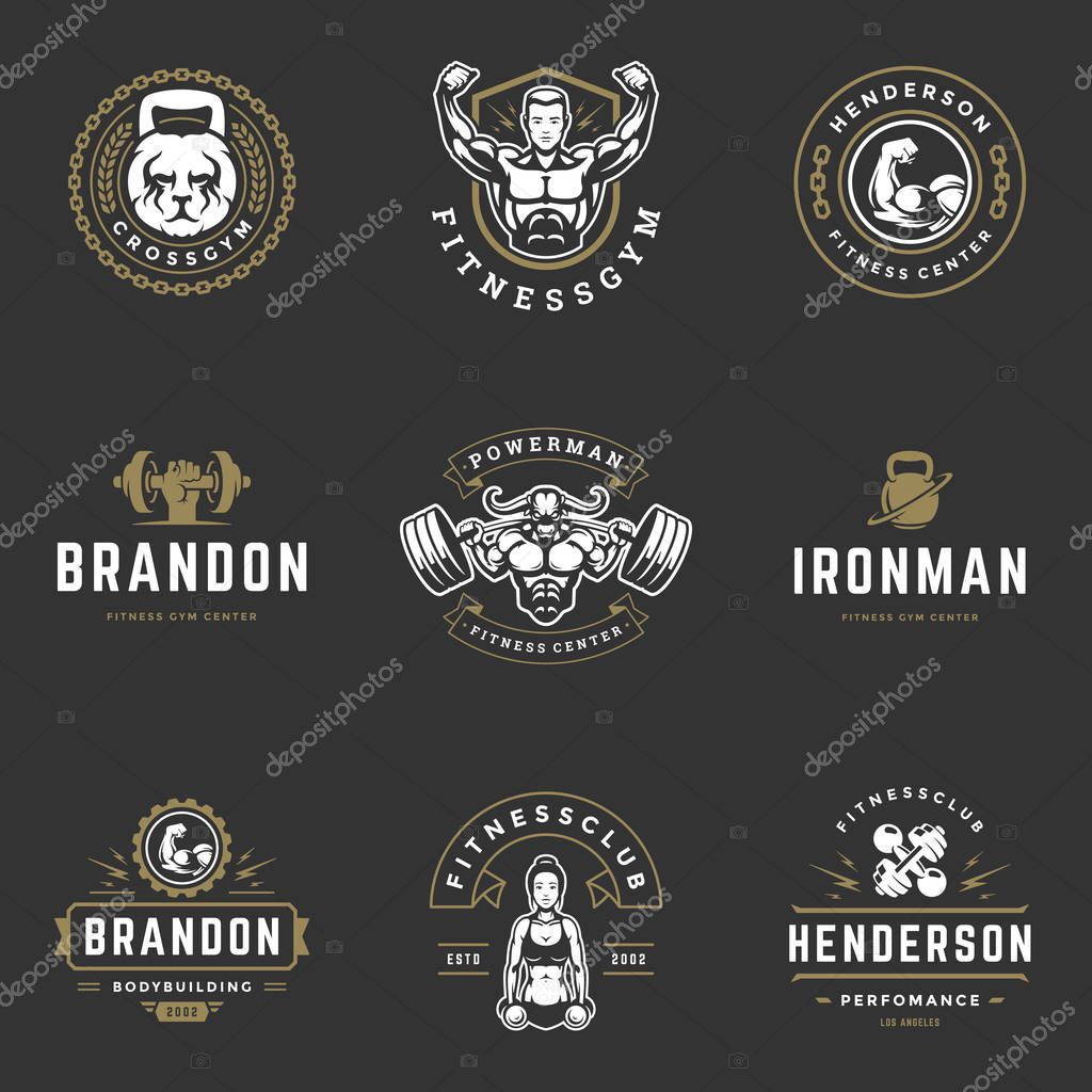 Set fitness center and sport gym logos and badges design vector illustration. Retro typographic labels with sport equipment signs and silhouettes.