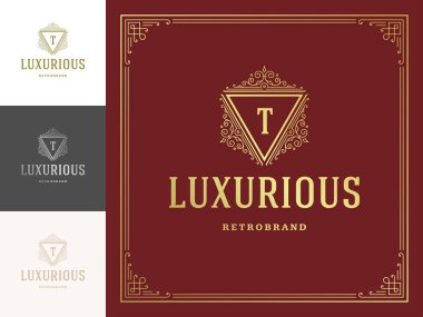 Lüks logo şablonu vektör vintage süslemeleri geliştirir. Kraliyet arması, butik markası, lüks şablonlu otel tabelası..