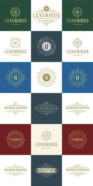 Lüks logolar şablonları kümesi, kaligrafi zarif süsleme satırları gelişir. Moda Tasarımcısı iş işareti, rozetleri ve zarif sorguç, butik marka, royal Restoran, otel işareti, Monogram.