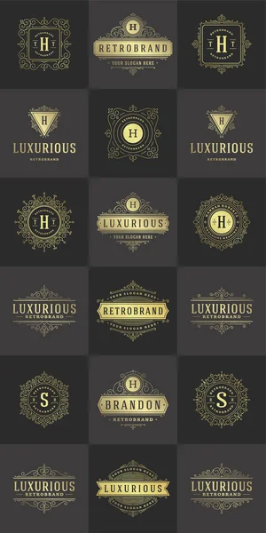 Luxus Logos Vorlagen Gesetzt Blüht Kalligraphisch Elegante Ornamentlinien Geschäftszeichen Abzeichen — Stockvektor