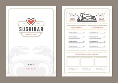 Suşi restoran menü tasarım ve logo vektör broşür şablonu. Rulo siluet.