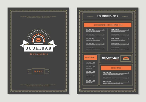 Sushi Restaurant Menu Design Logo Vector Brochure Template Roll Silhouette — Stock Vector