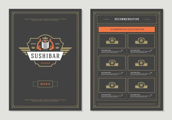 Sushi Restaurante Menu Design Logotipo Modelo Brochura Vetor Silhueta Rolo — Vetor de Stock