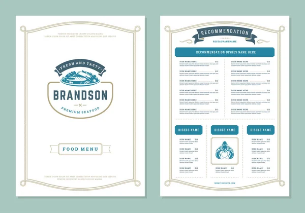 Deniz Ürünleri Restoran Menü Tasarım Logo Vektör Broşür Şablonu Balık — Stok Vektör