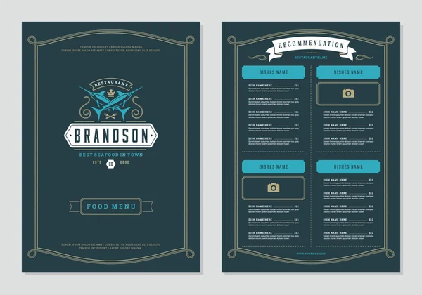 Design Del Menu Del Ristorante Pesce Logo Modello Brochure Vettoriale — Vettoriale Stock