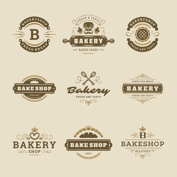 Bäckerei Logos Und Abzeichen Design Vorlagen Setzen Vektorillustration Gut Für — Stockvektor